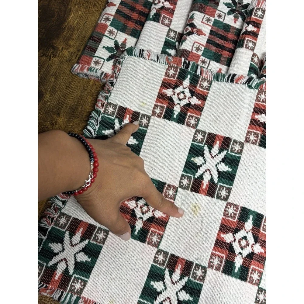 VTG Woven Christmas Placemats Set 6 Red Plaid Snowflake Cottagecore Fringe‎ Red
